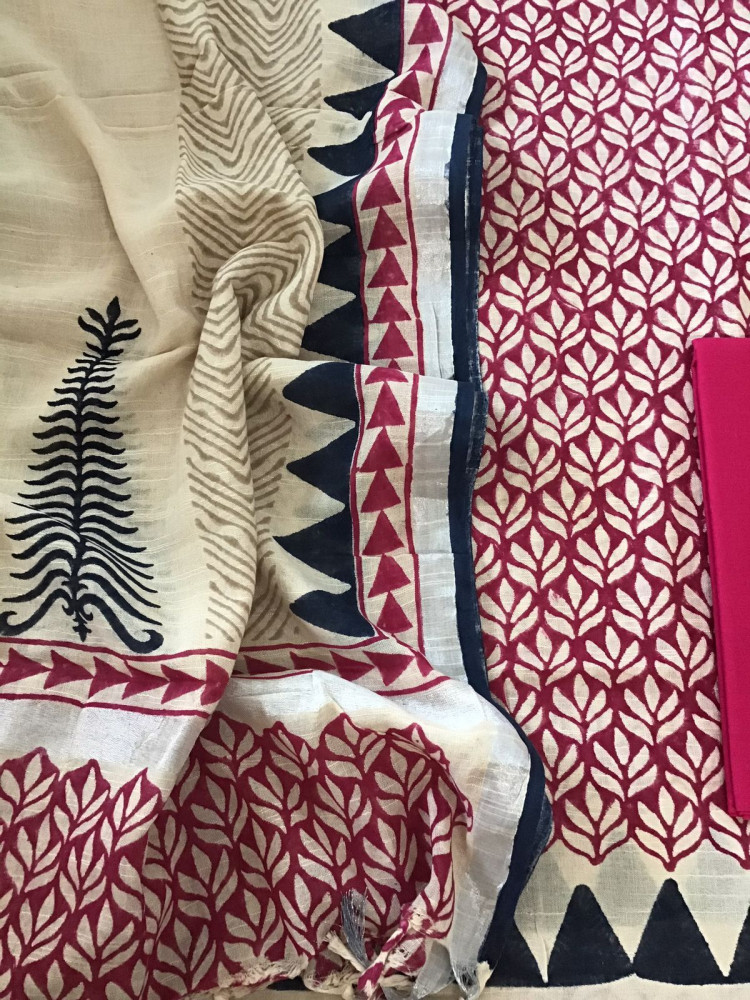 Image of Pure Linen Jute Cotton Printed Suit - Pink