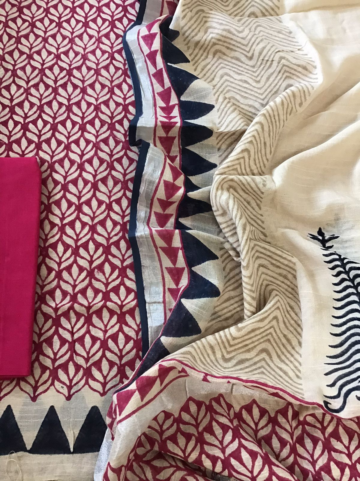 Pure Linen Jute Cotton Printed Suit - Pink