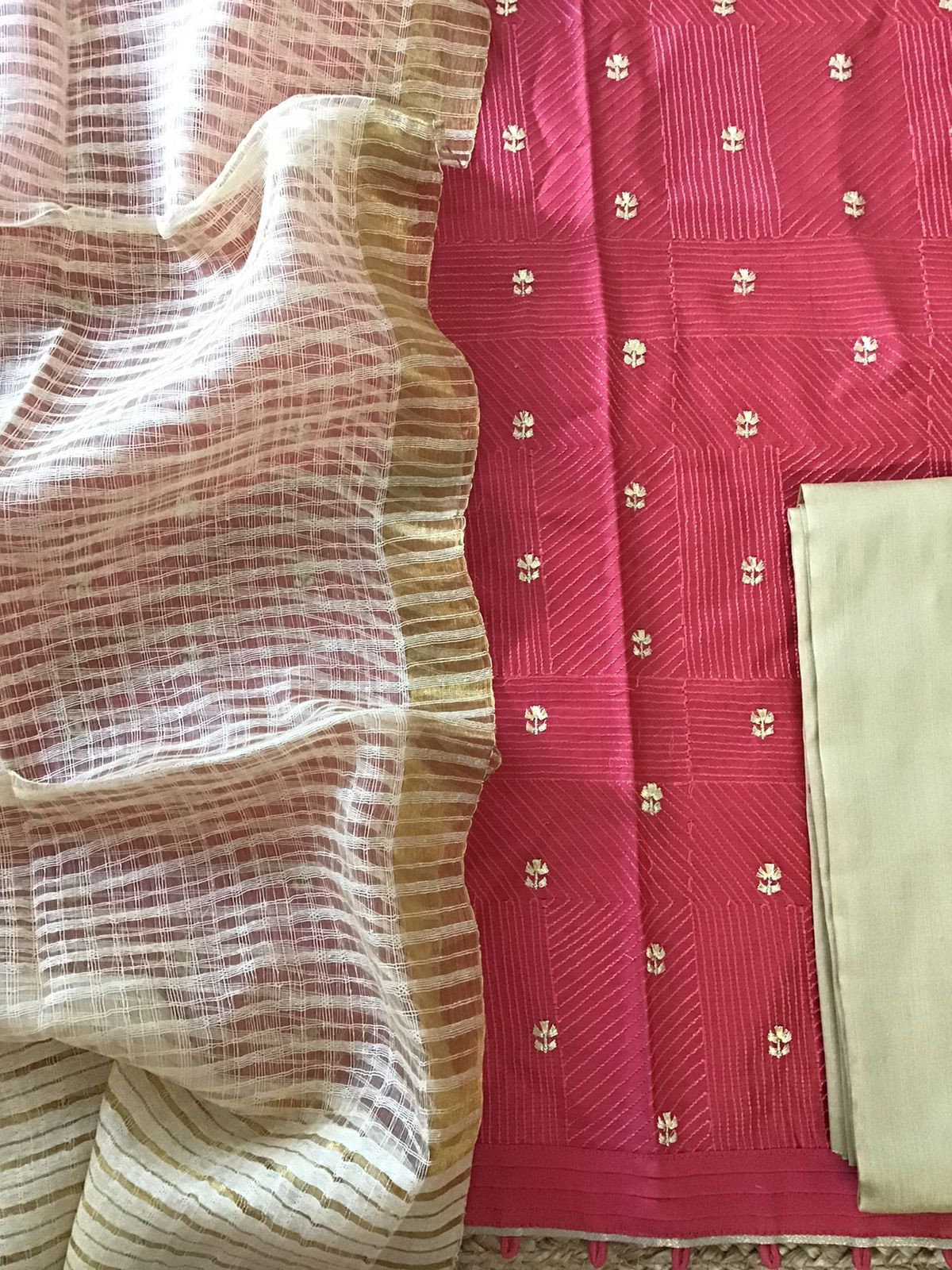 Pure Chanderi Embroidered Suit - Redish Pink