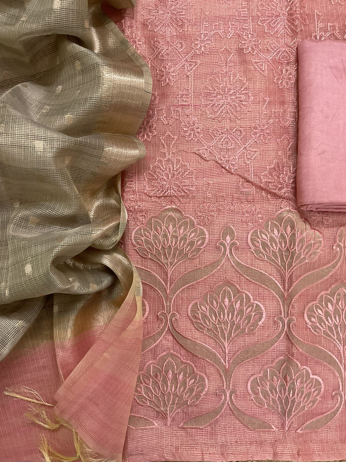 Soft Tissue Kota Silk Banarasi Weaved Embroidered Suit - Pink