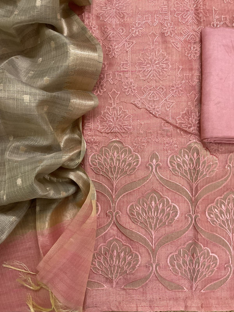 Image of Soft Tissue Kota Silk Banarasi Weaved Embroidered Suit - Pink