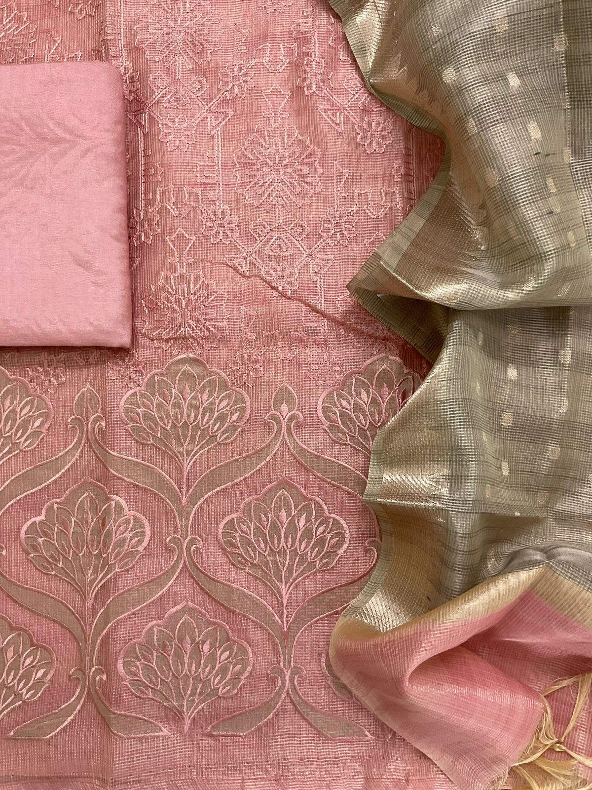 Soft Tissue Kota Silk Banarasi Weaved Embroidered Suit - Pink