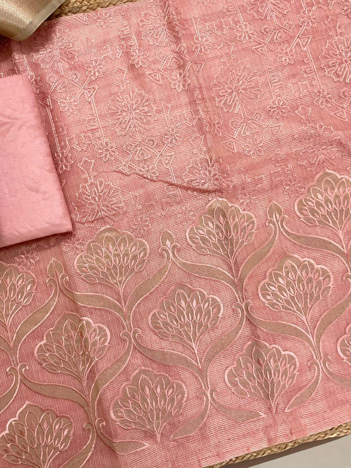 Soft Tissue Kota Silk Banarasi Weaved Embroidered Suit - Pink