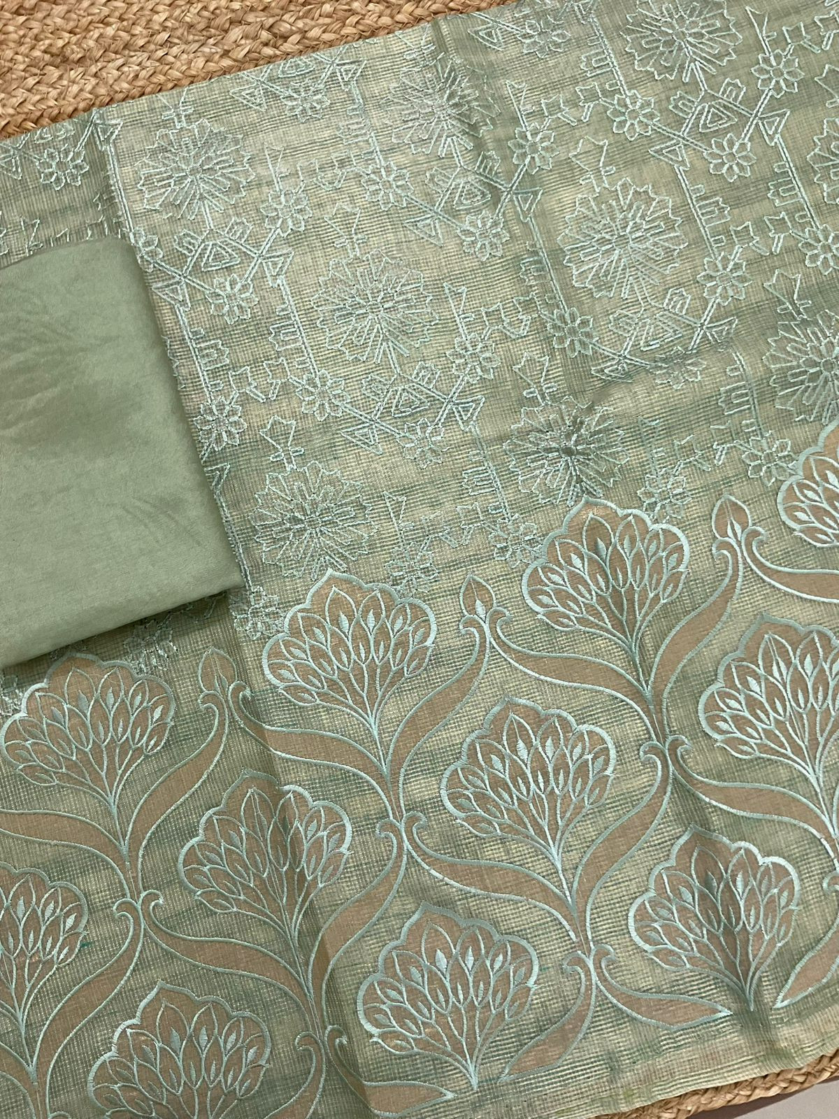 Soft Tissue Kota Silk Banarasi Weaved Embroidered Suit - Green