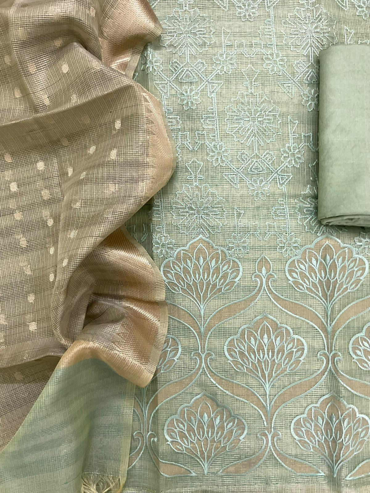 Soft Tissue Kota Silk Banarasi Weaved Embroidered Suit - Green