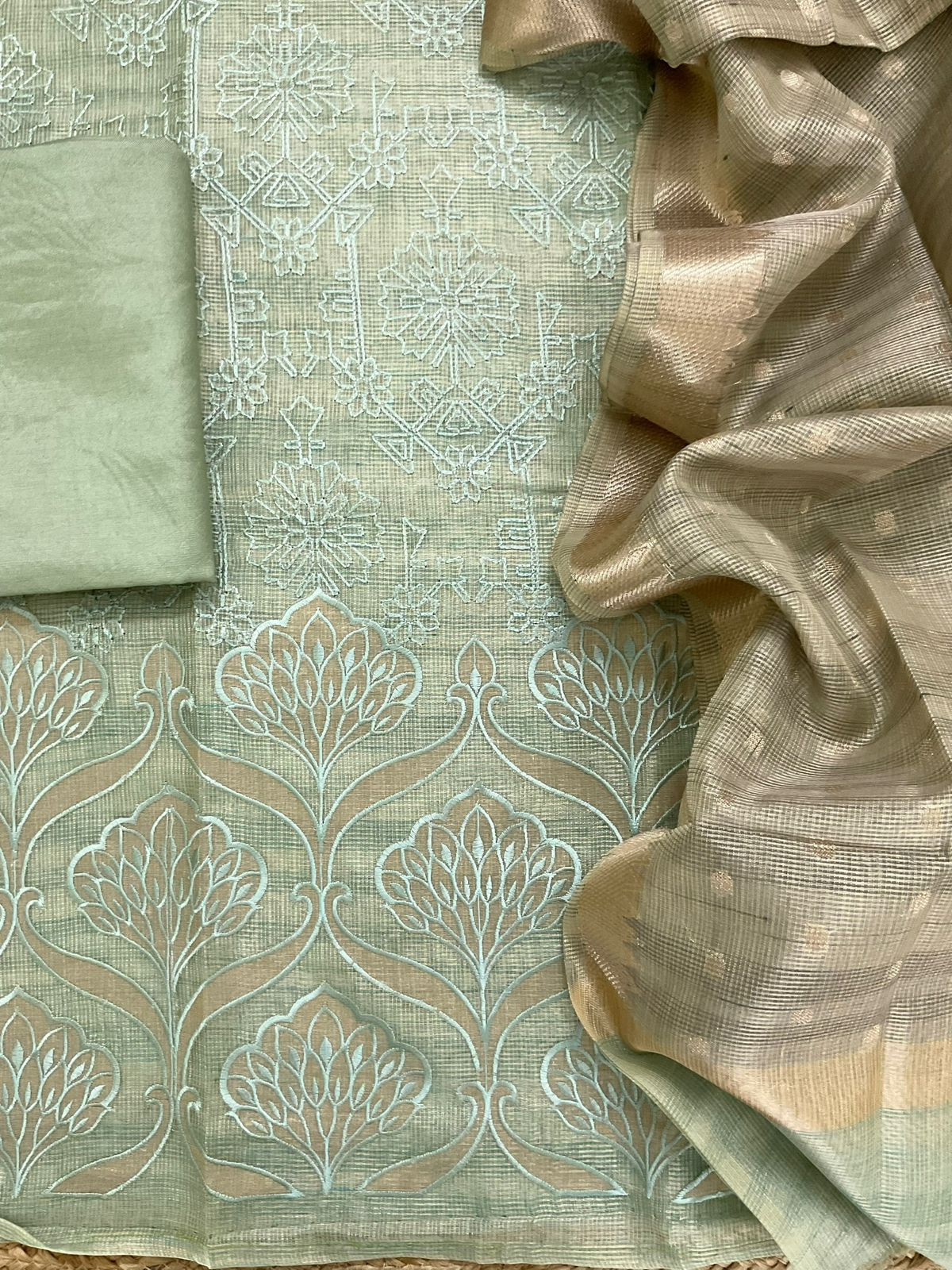 Soft Tissue Kota Silk Banarasi Weaved Embroidered Suit - Green