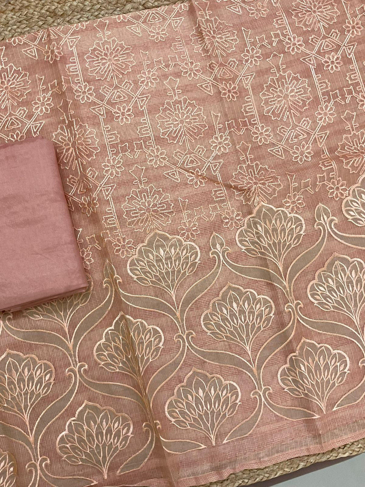 Soft Tissue Kota Silk Banarasi Weaved Embroidered Suit - Peach