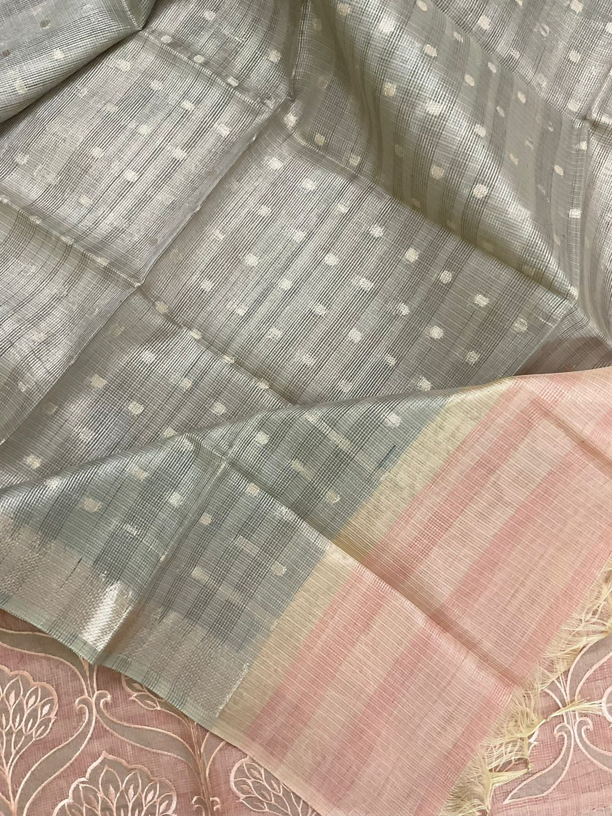 Soft Tissue Kota Silk Banarasi Weaved Embroidered Suit - Peach