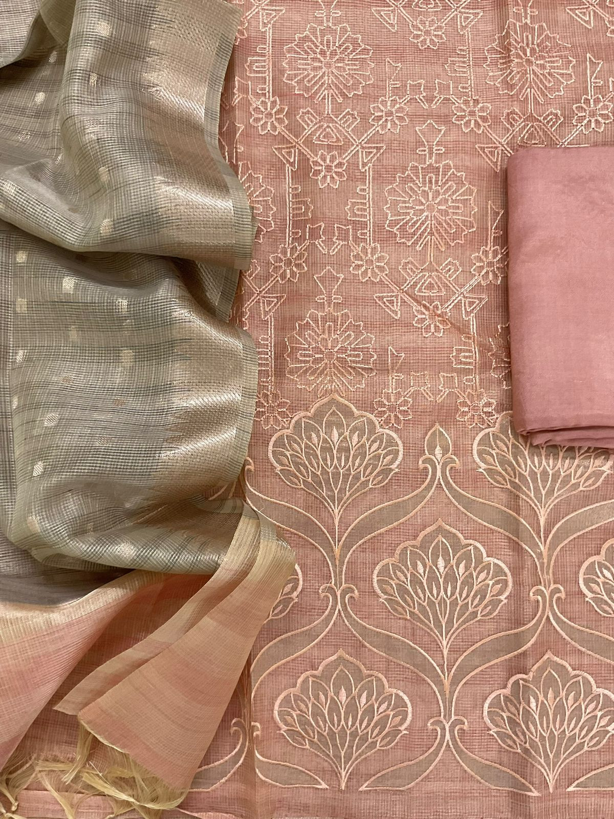 Soft Tissue Kota Silk Banarasi Weaved Embroidered Suit - Peach