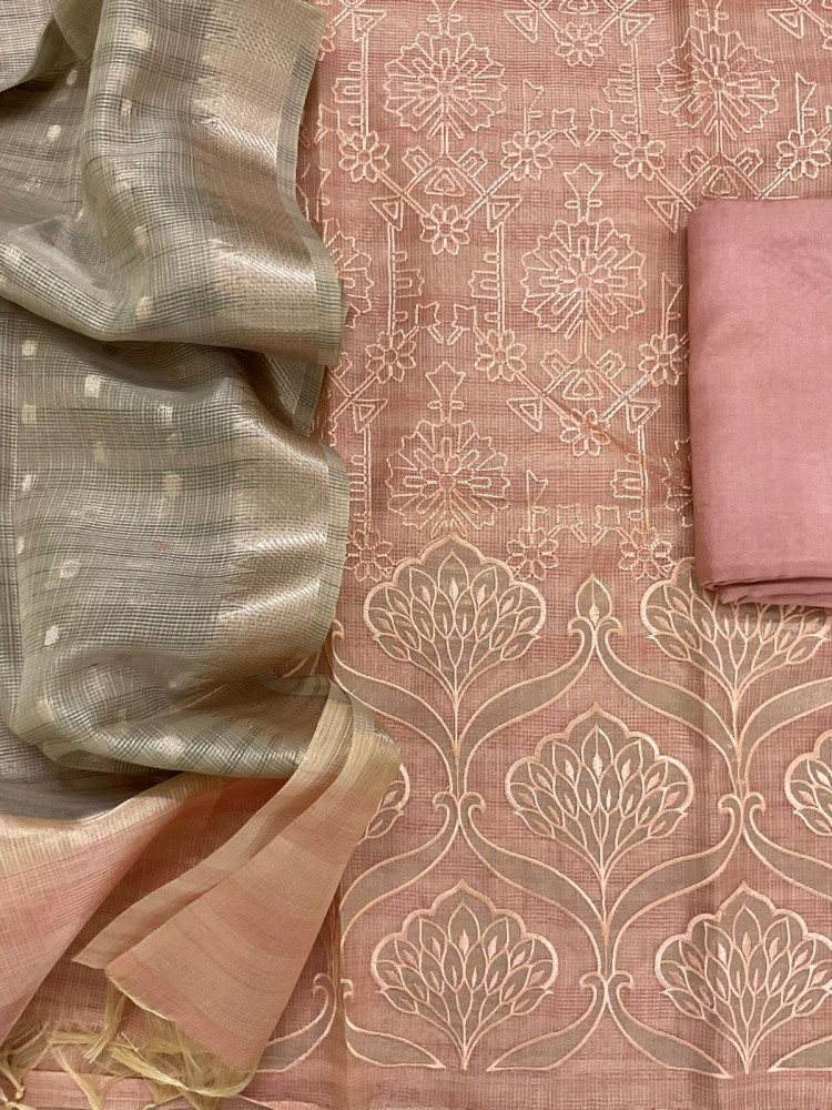 Image of Soft Tissue Kota Silk Banarasi Weaved Embroidered Suit - Peach