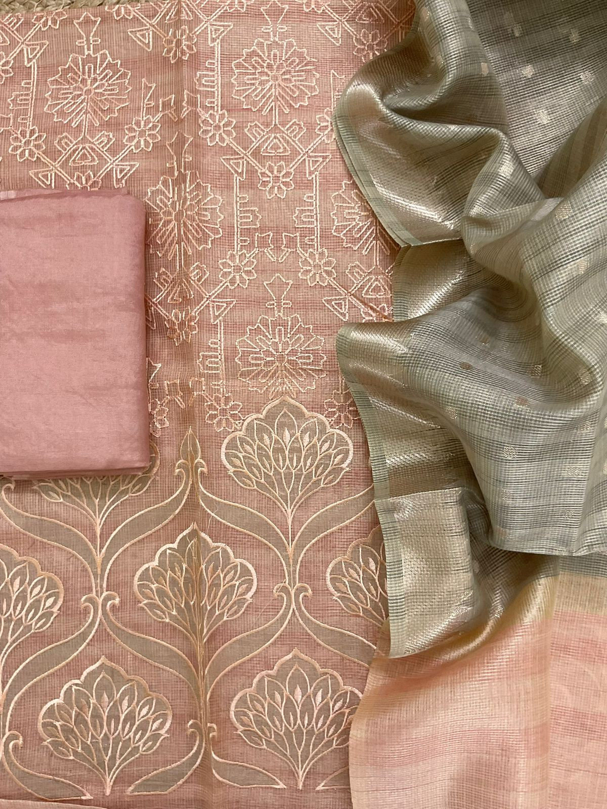 Soft Tissue Kota Silk Banarasi Weaved Embroidered Suit - Peach