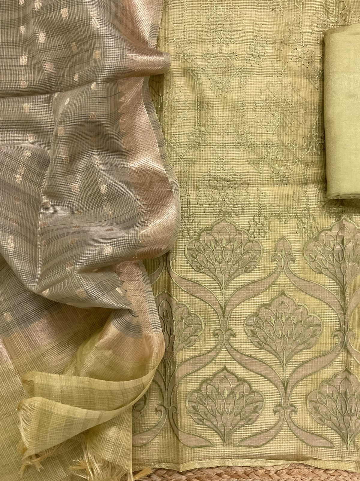 Soft Tissue Kota Silk Banarasi Weaved Embroidered Suit - Green