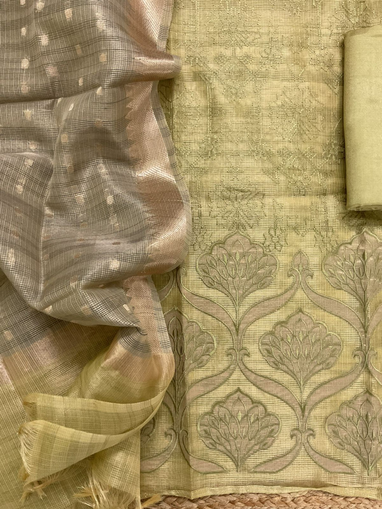 Image of Soft Tissue Kota Silk Banarasi Weaved Embroidered Suit - Green