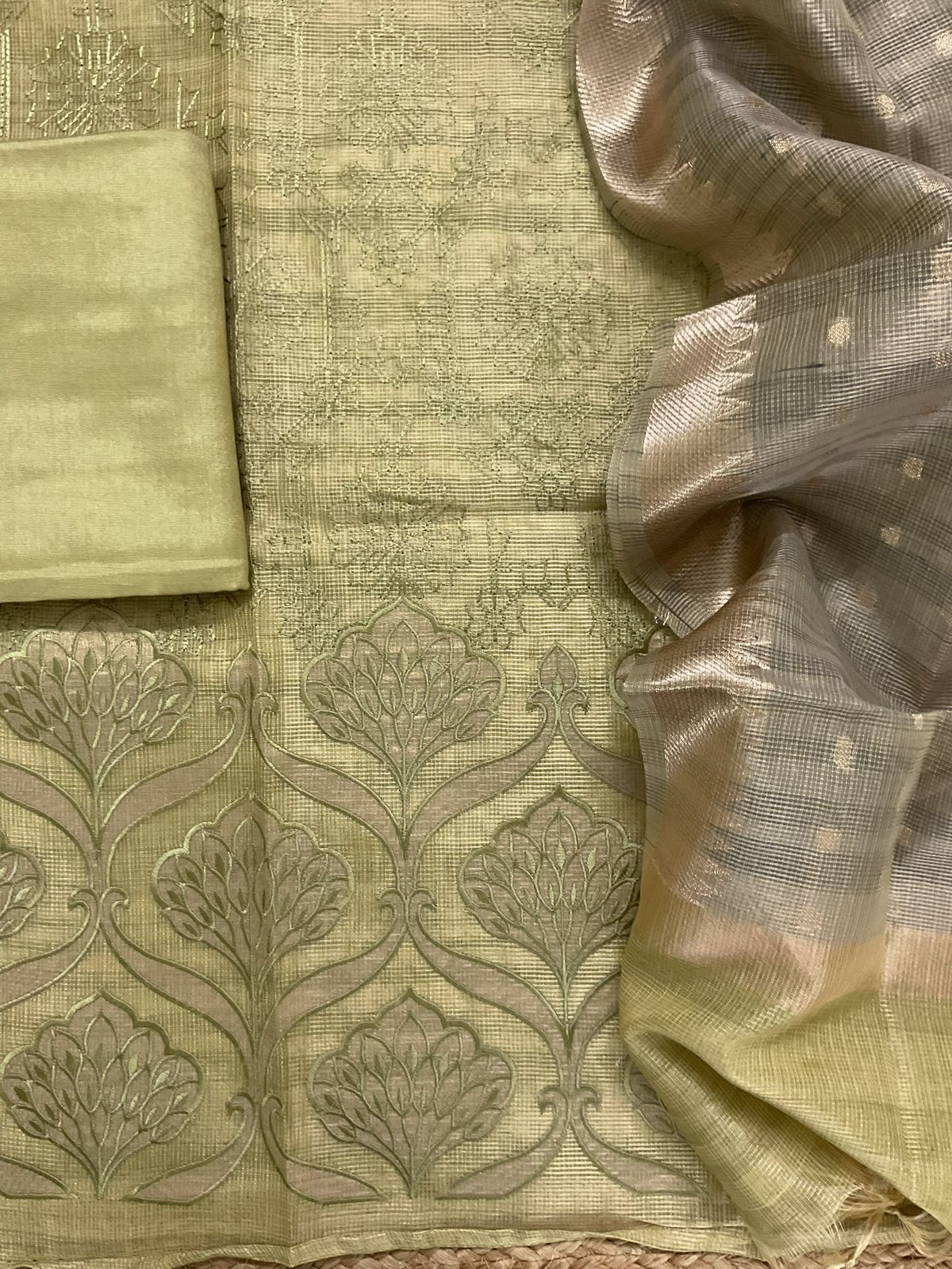 Soft Tissue Kota Silk Banarasi Weaved Embroidered Suit - Green