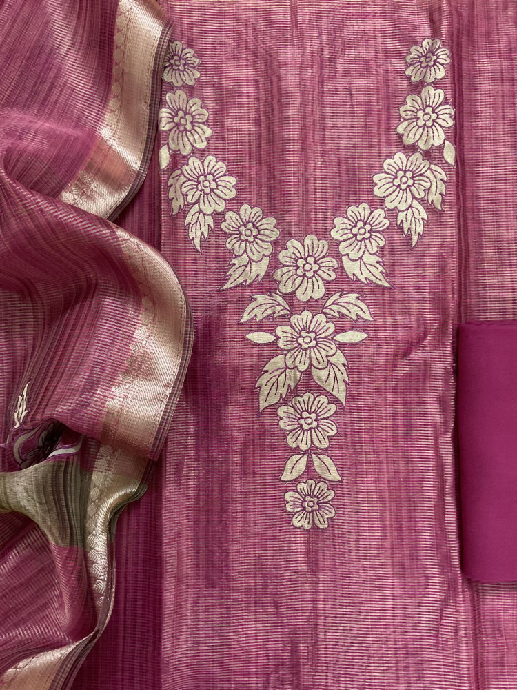 Image of Pure Tissue Chanderi Embroidered Suit - Pink