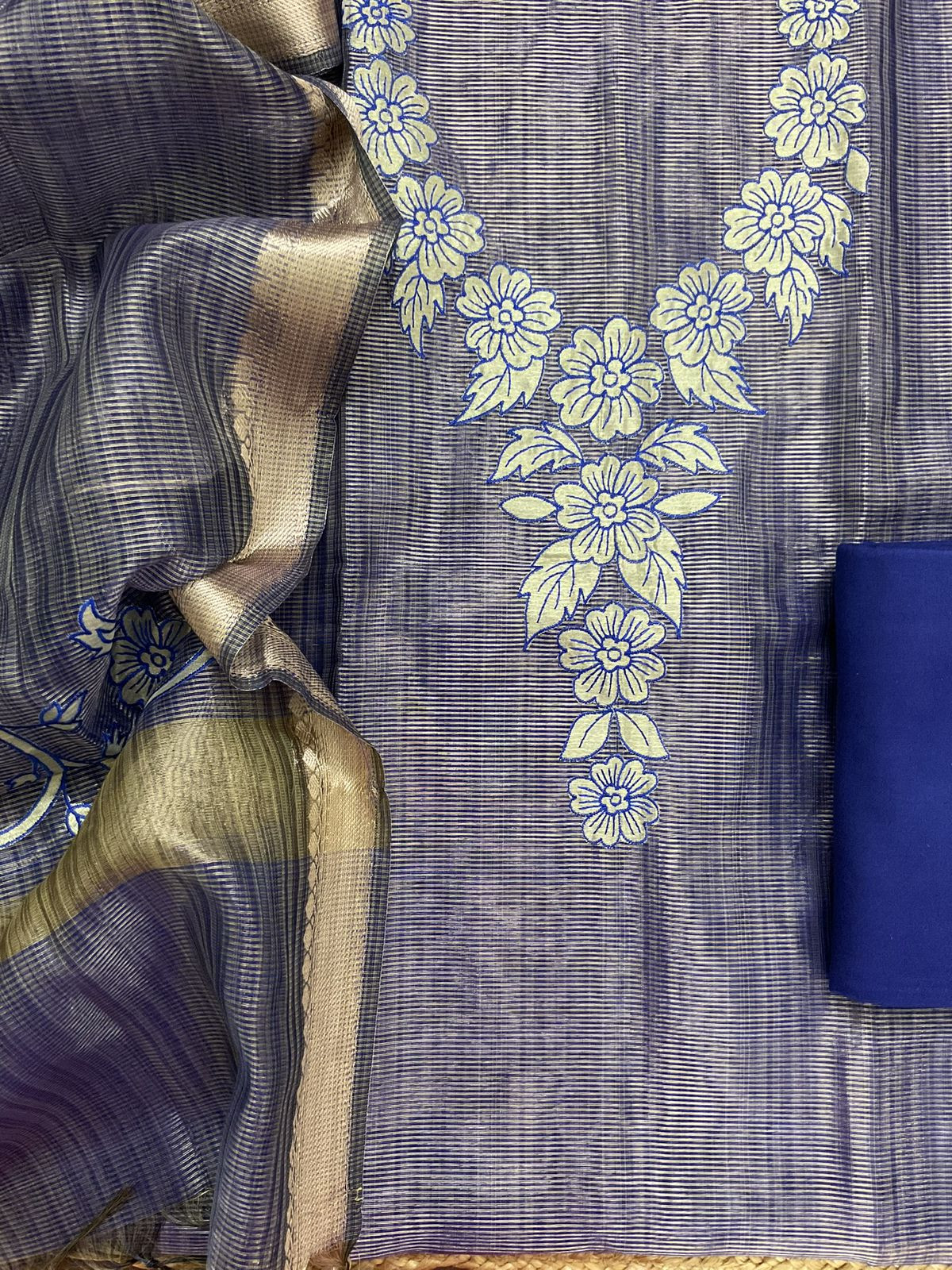 Pure Tissue Chanderi Embroidered Suit - Blue