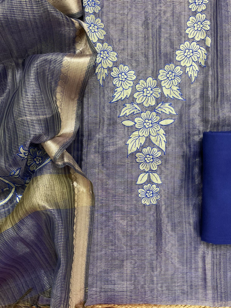 Image of Pure Tissue Chanderi Embroidered Suit - Blue