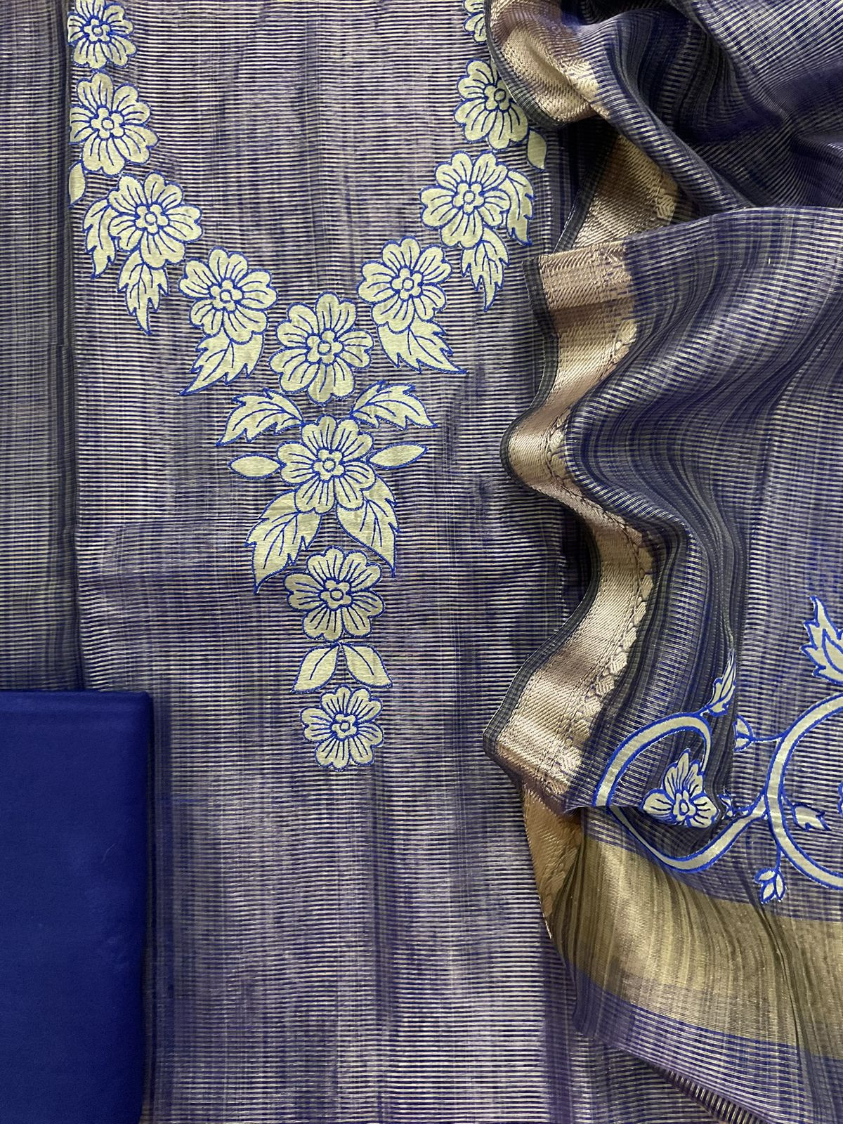 Pure Tissue Chanderi Embroidered Suit - Blue