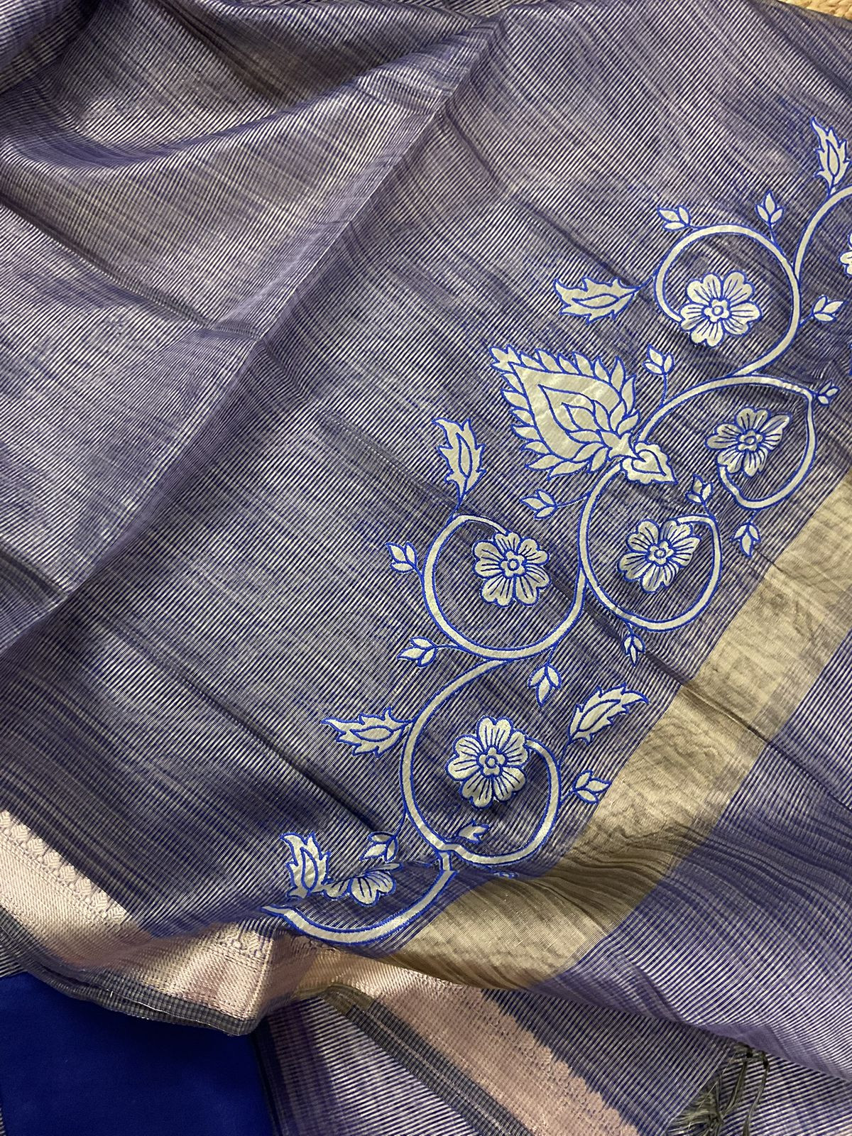Pure Tissue Chanderi Embroidered Suit - Blue