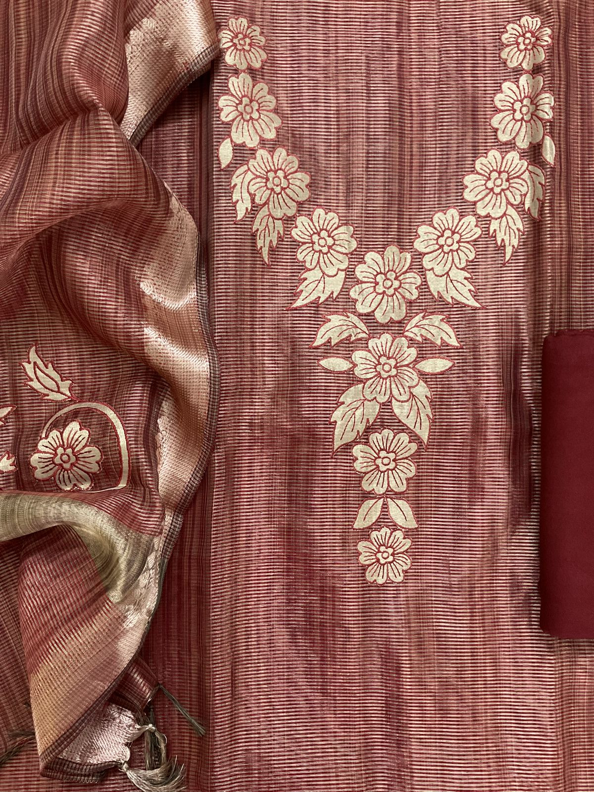 Pure Tissue Chanderi Embroidered Suit - Maroon