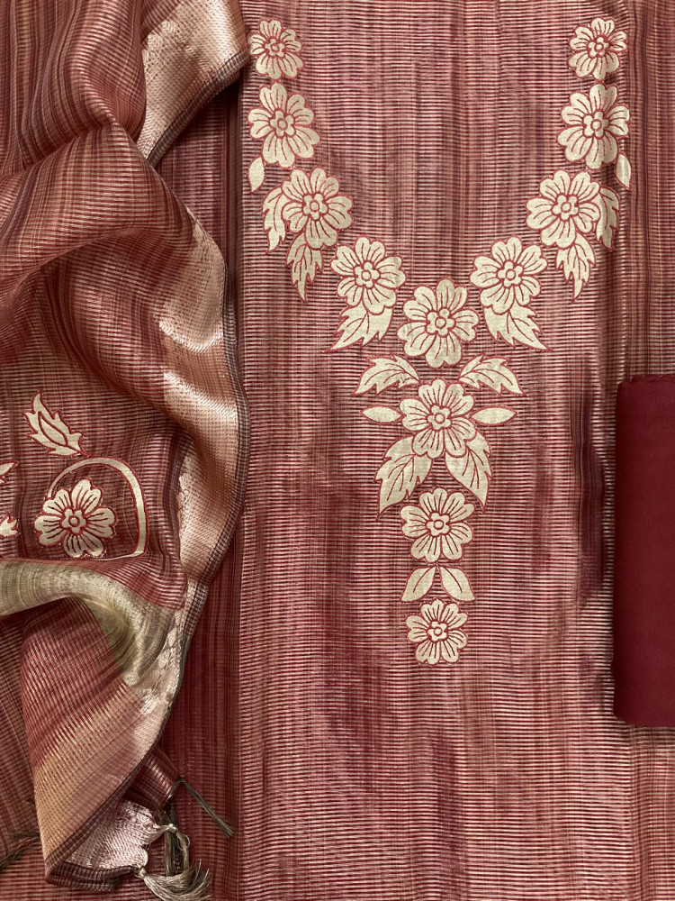 Image of Pure Tissue Chanderi Embroidered Suit - Maroon