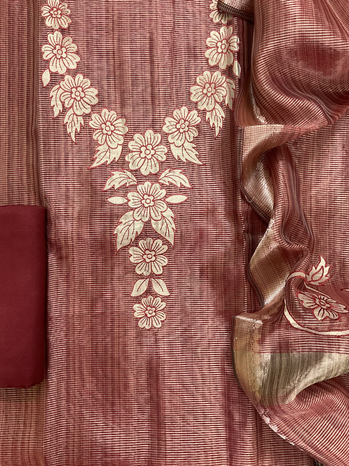 Pure Tissue Chanderi Embroidered Suit - Maroon