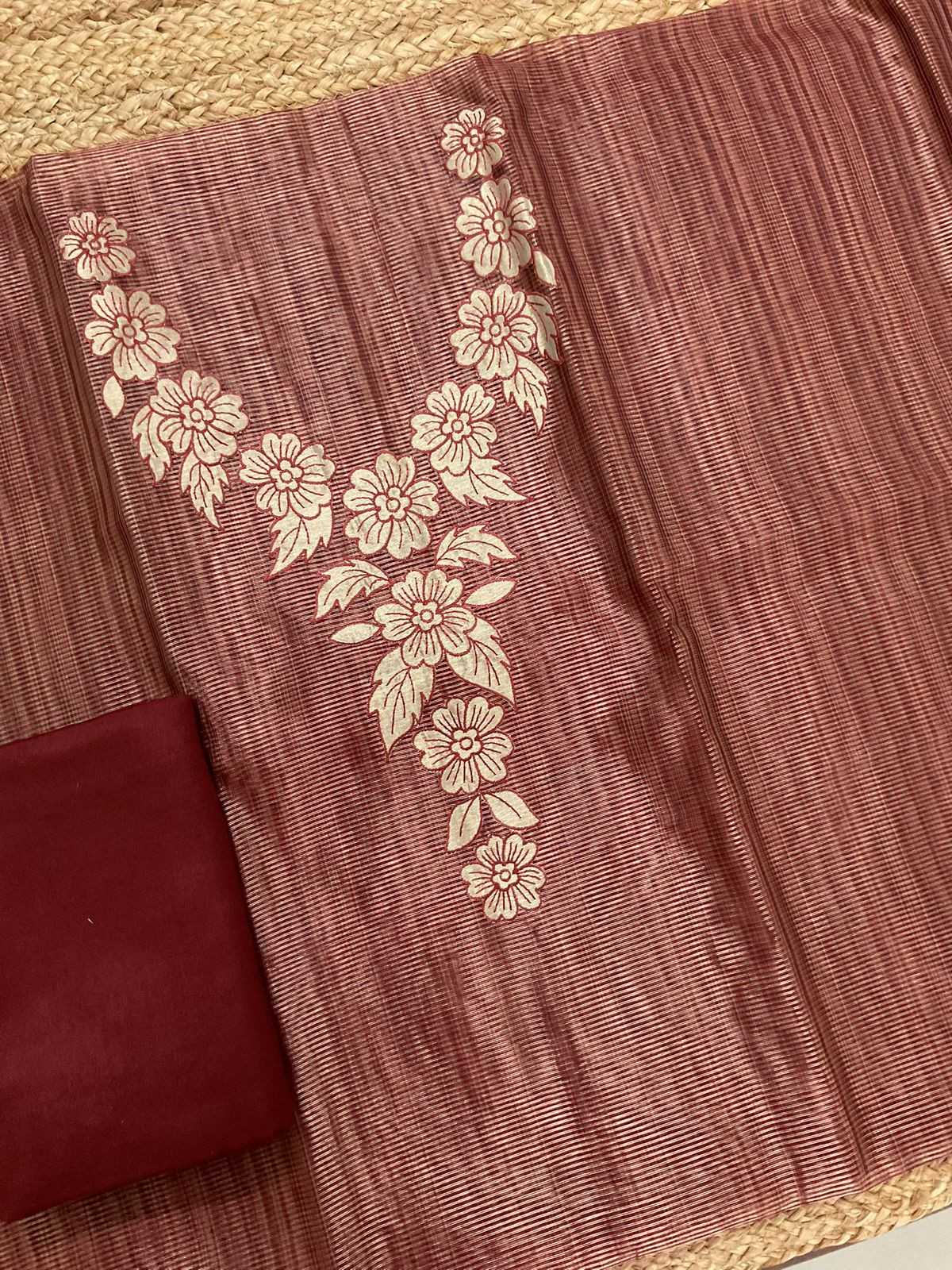 Pure Tissue Chanderi Embroidered Suit - Maroon