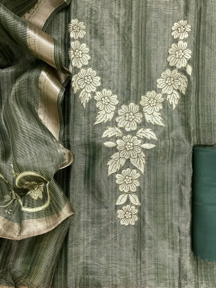 Image of Pure Tissue Chanderi Embroidered Suit - Green