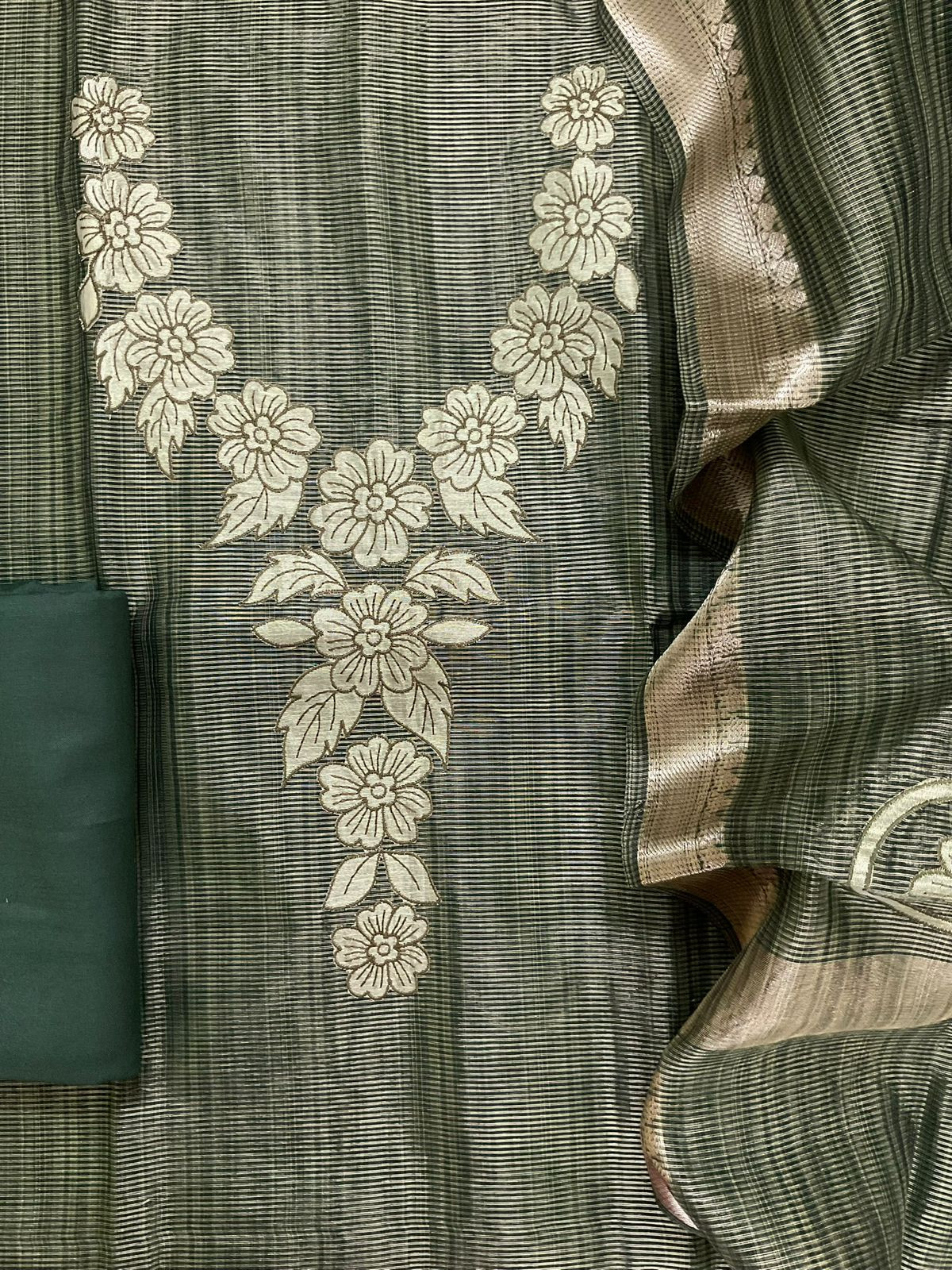 Pure Tissue Chanderi Embroidered Suit - Green
