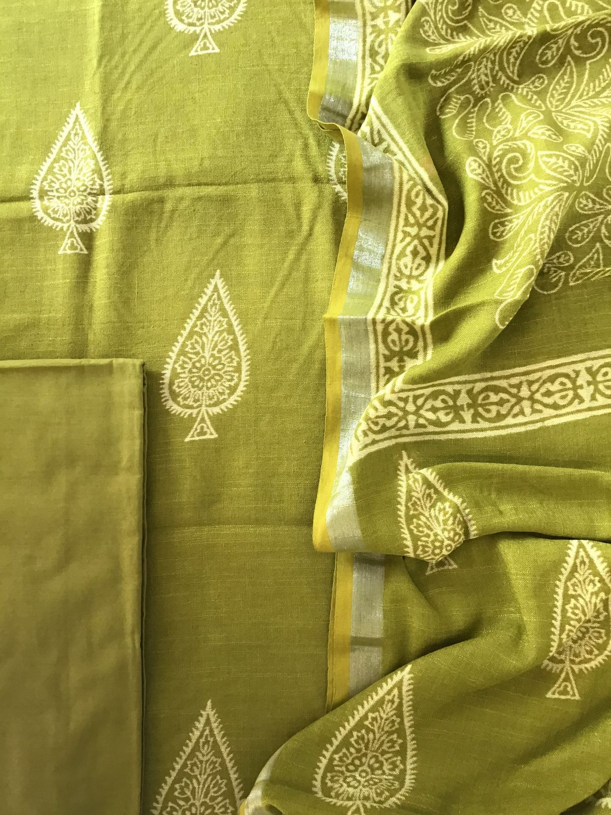 Pure Linen Jute Cotton Printed Suit - Green