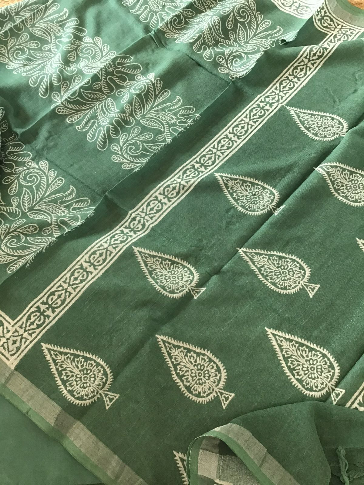 Pure Linen Jute Cotton Printed Suit - Green