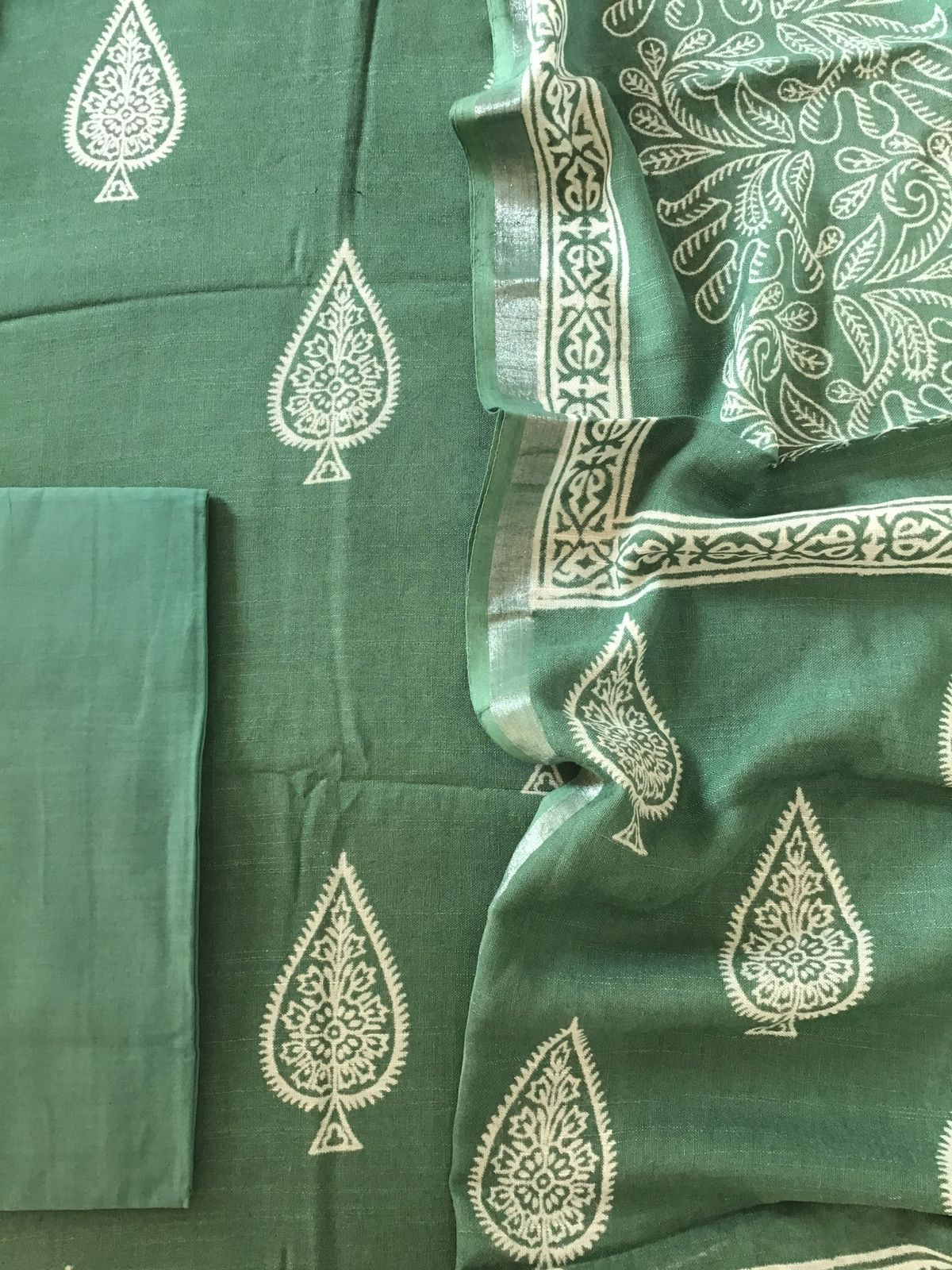 Pure Linen Jute Cotton Printed Suit - Green