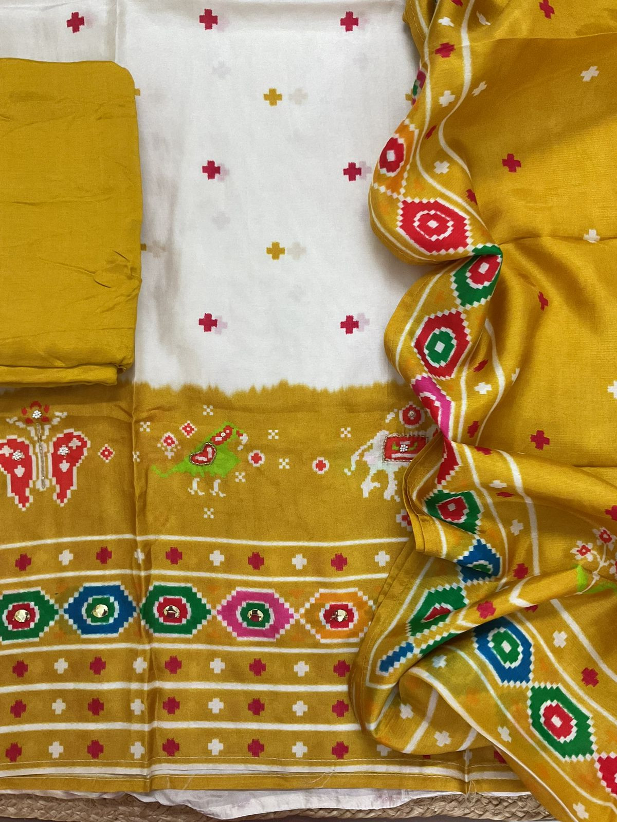 Pure Dola Silk Printed Embroidered Suit - Off White