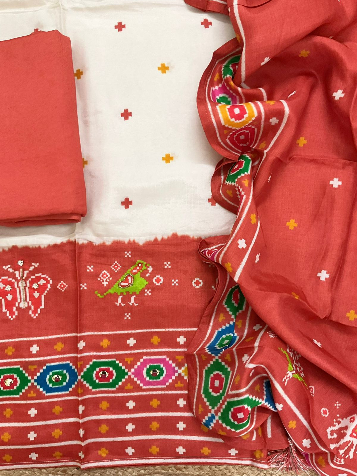 Pure Dola Silk Printed Embroidered Suit - Off White