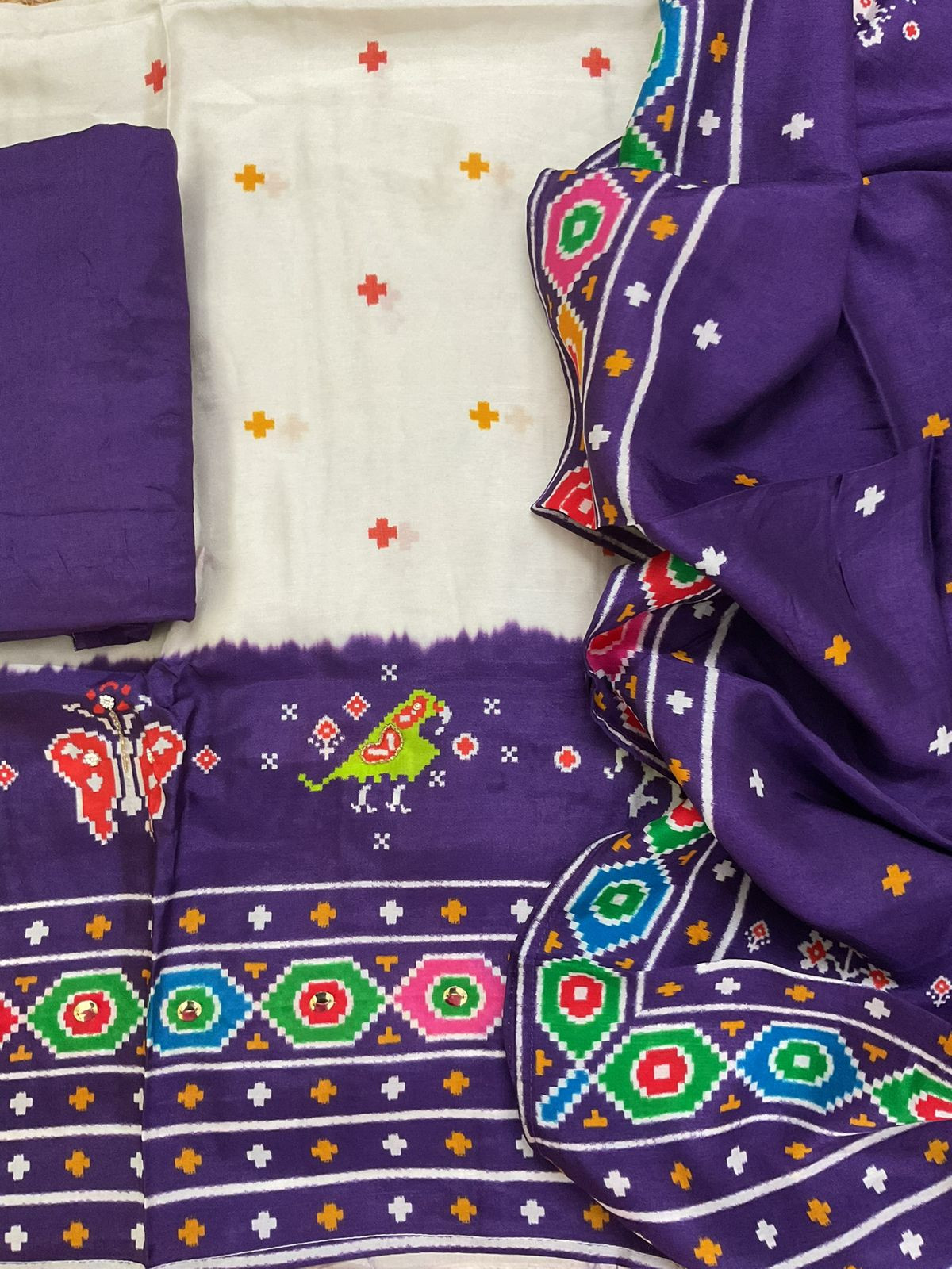 Pure Dola Silk Printed Embroidered Suit - Off White