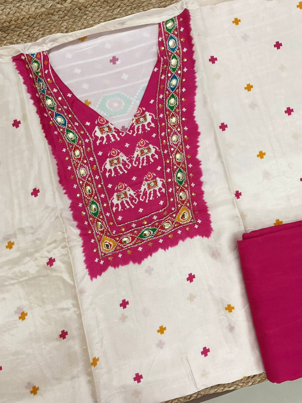 Pure Dola Silk Printed Embroidered Suit - Off White