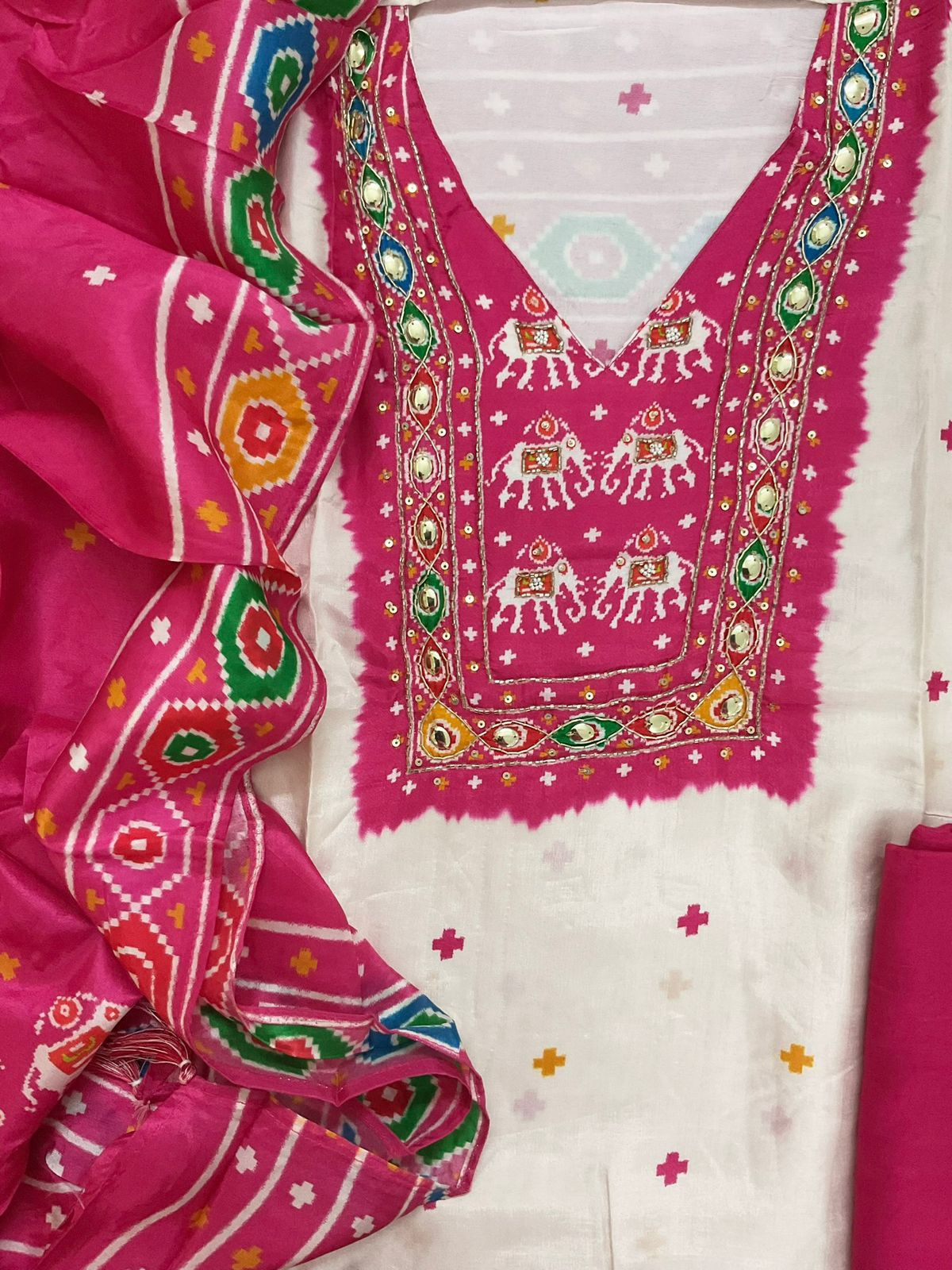 Pure Dola Silk Printed Embroidered Suit - Off White