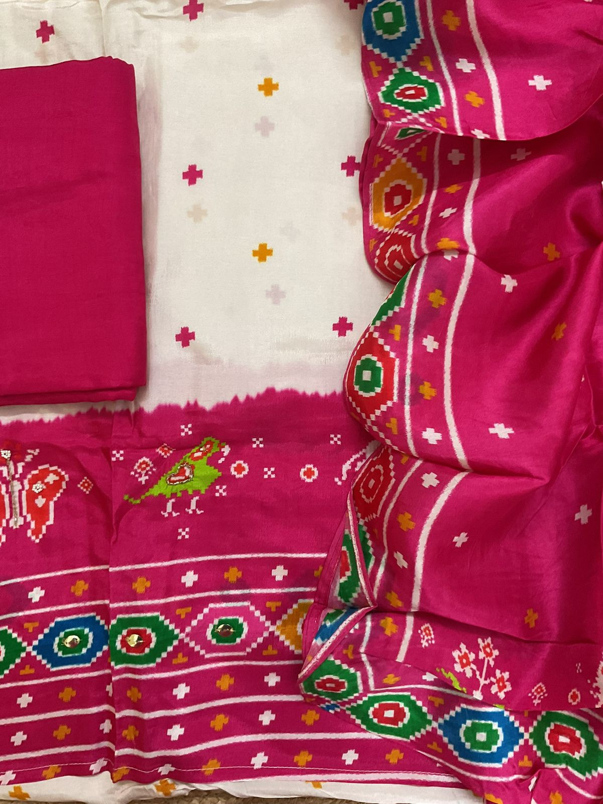 Pure Dola Silk Printed Embroidered Suit - Off White