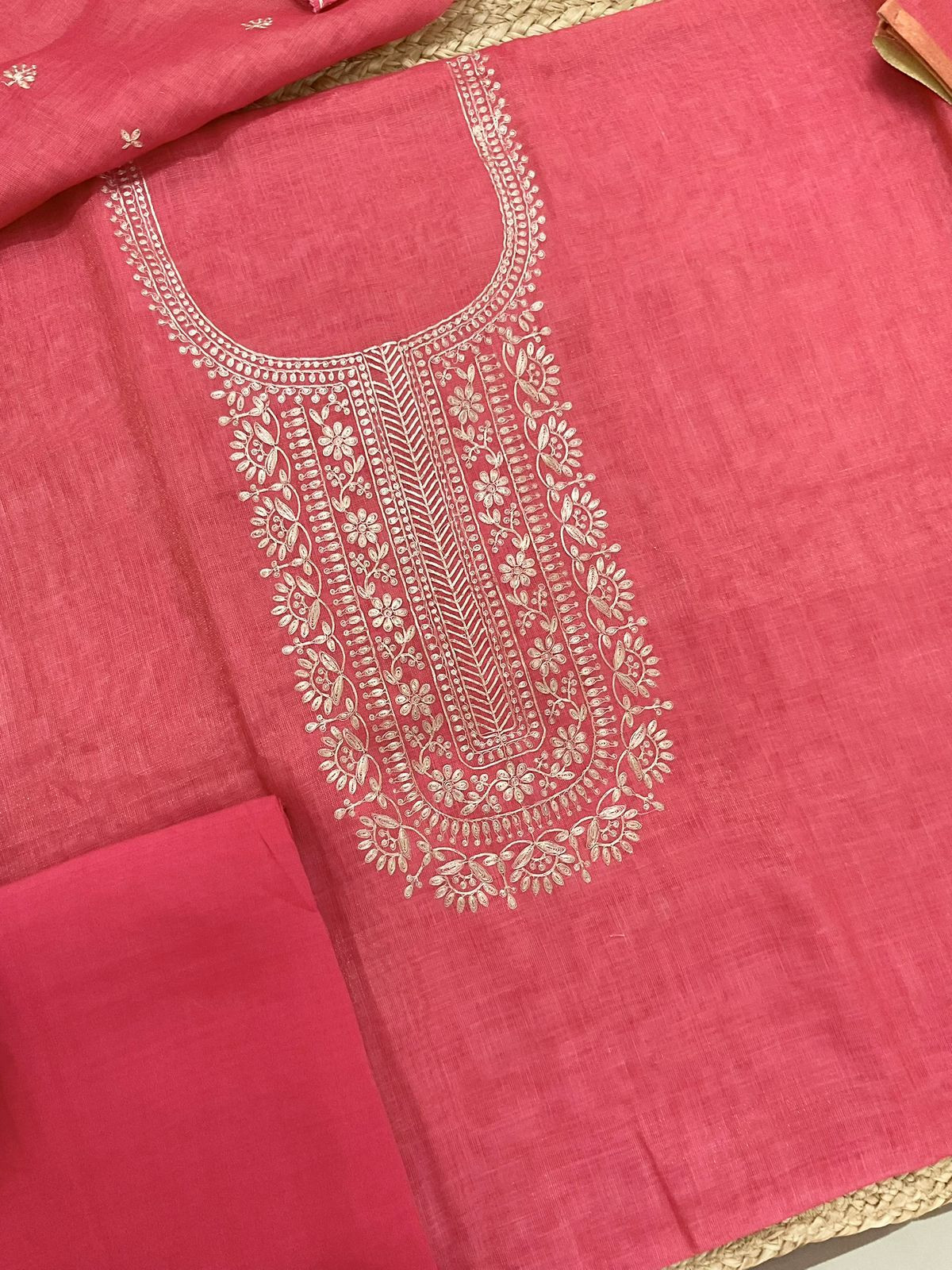 Soft Tissue Slub Cotton Embroidered Suit - Pink