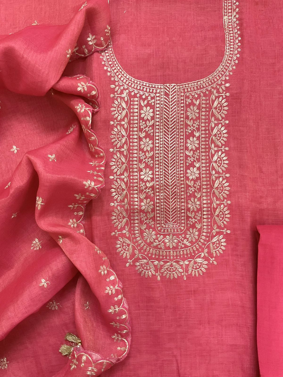 Soft Tissue Slub Cotton Embroidered Suit - Pink