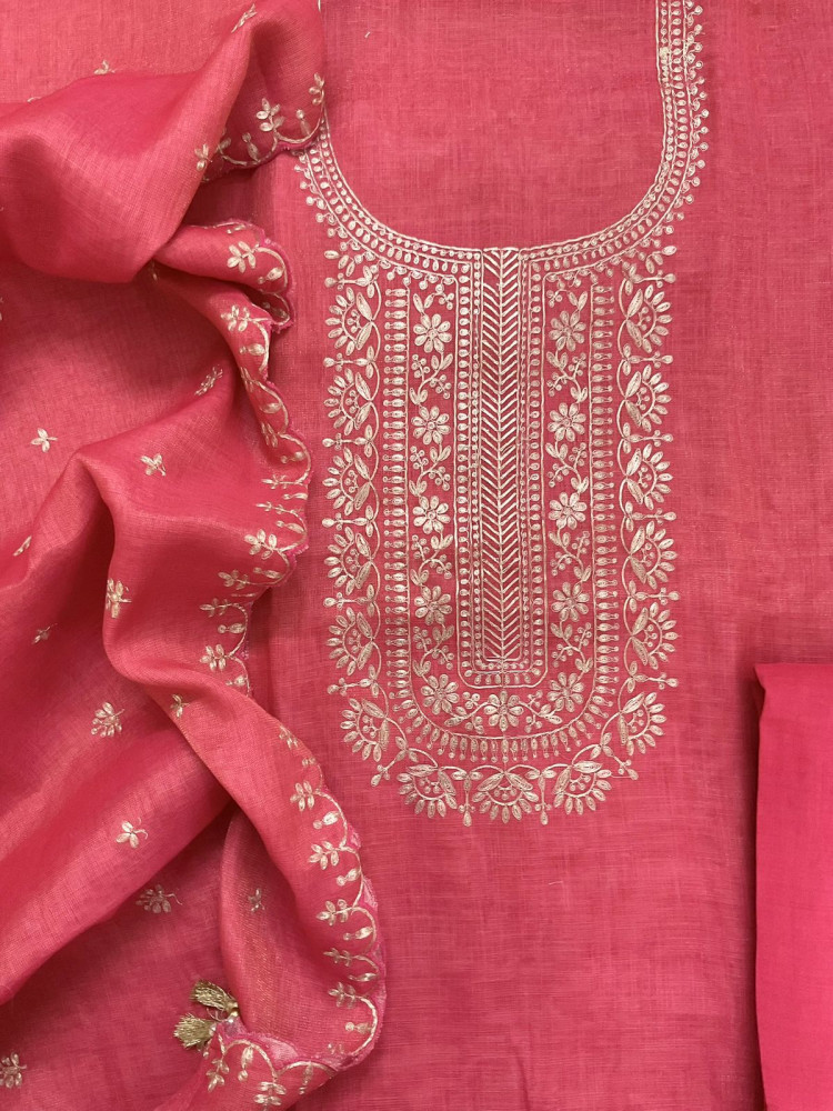 Image of Soft Tissue Slub Cotton Embroidered Suit - Pink