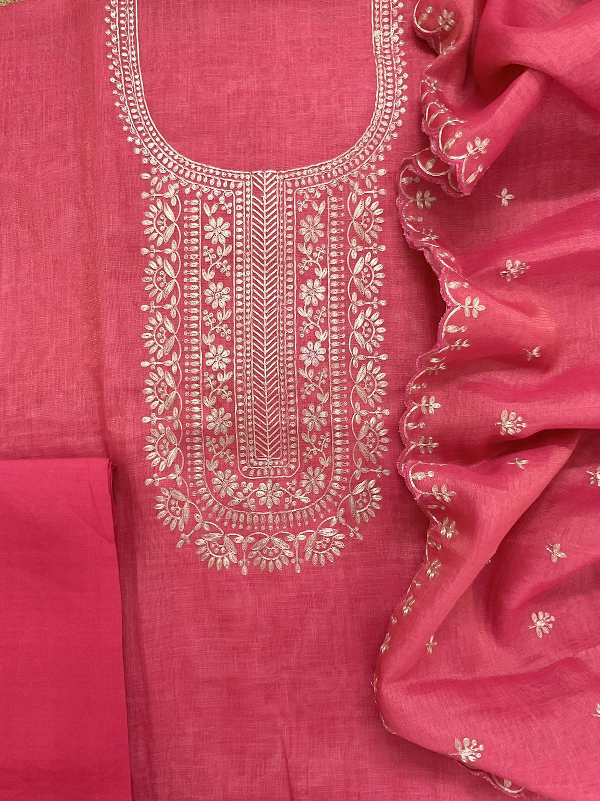 Soft Tissue Slub Cotton Embroidered Suit - Pink