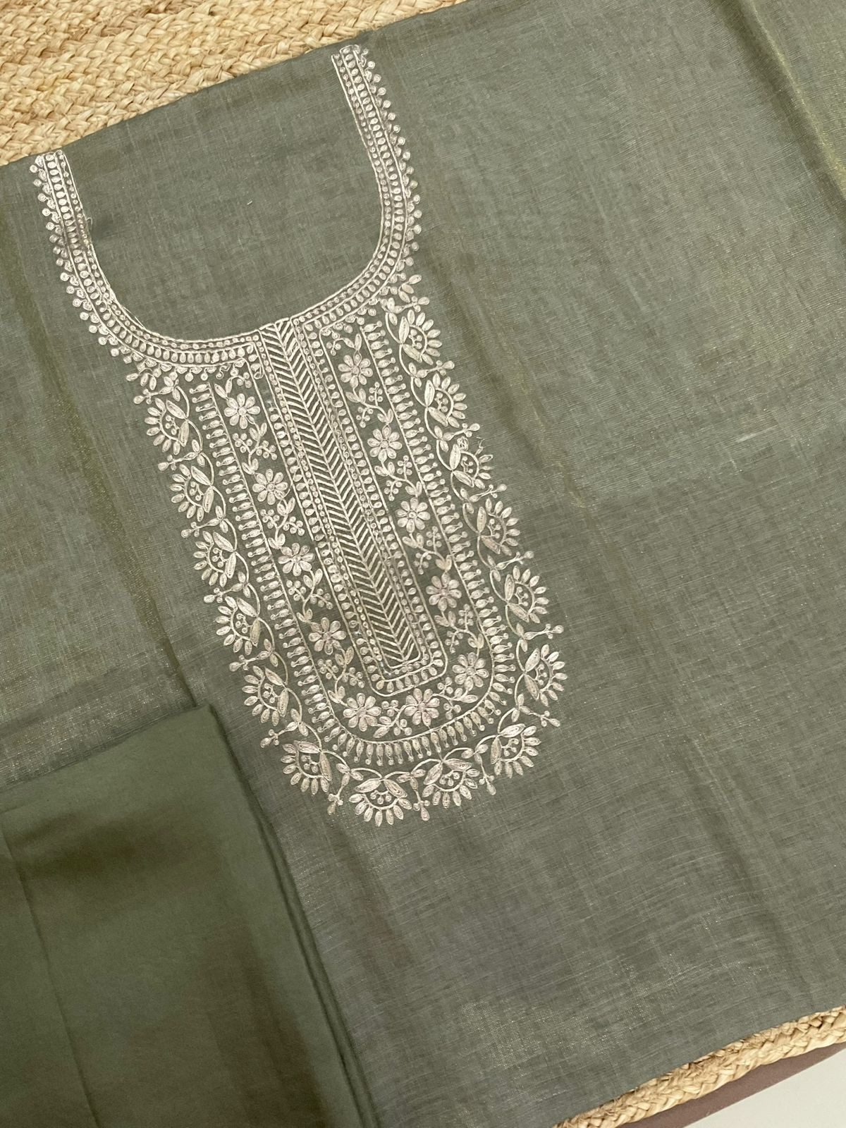 Soft Tissue Slub Cotton Embroidered Suit - Greyish Green