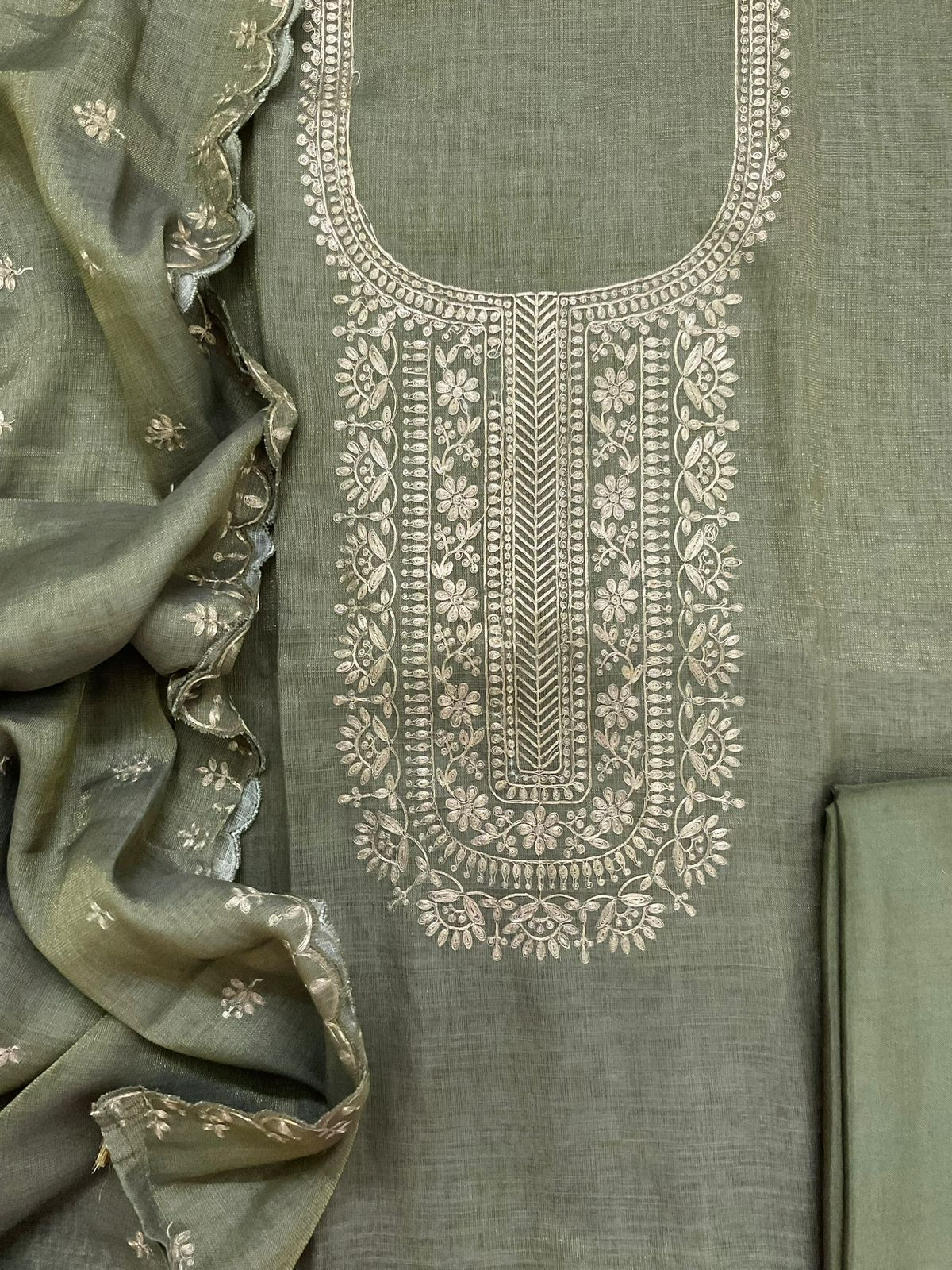 Soft Tissue Slub Cotton Embroidered Suit - Greyish Green