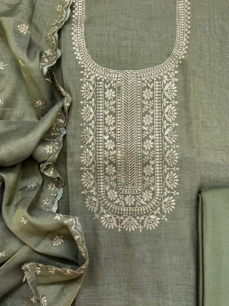 Image of Soft Tissue Slub Cotton Embroidered Suit - Greyish Green