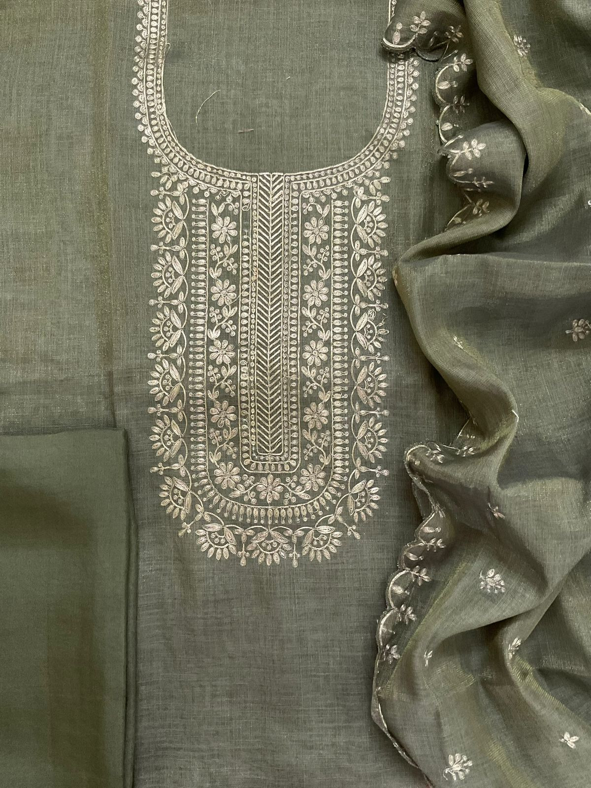 Soft Tissue Slub Cotton Embroidered Suit - Greyish Green