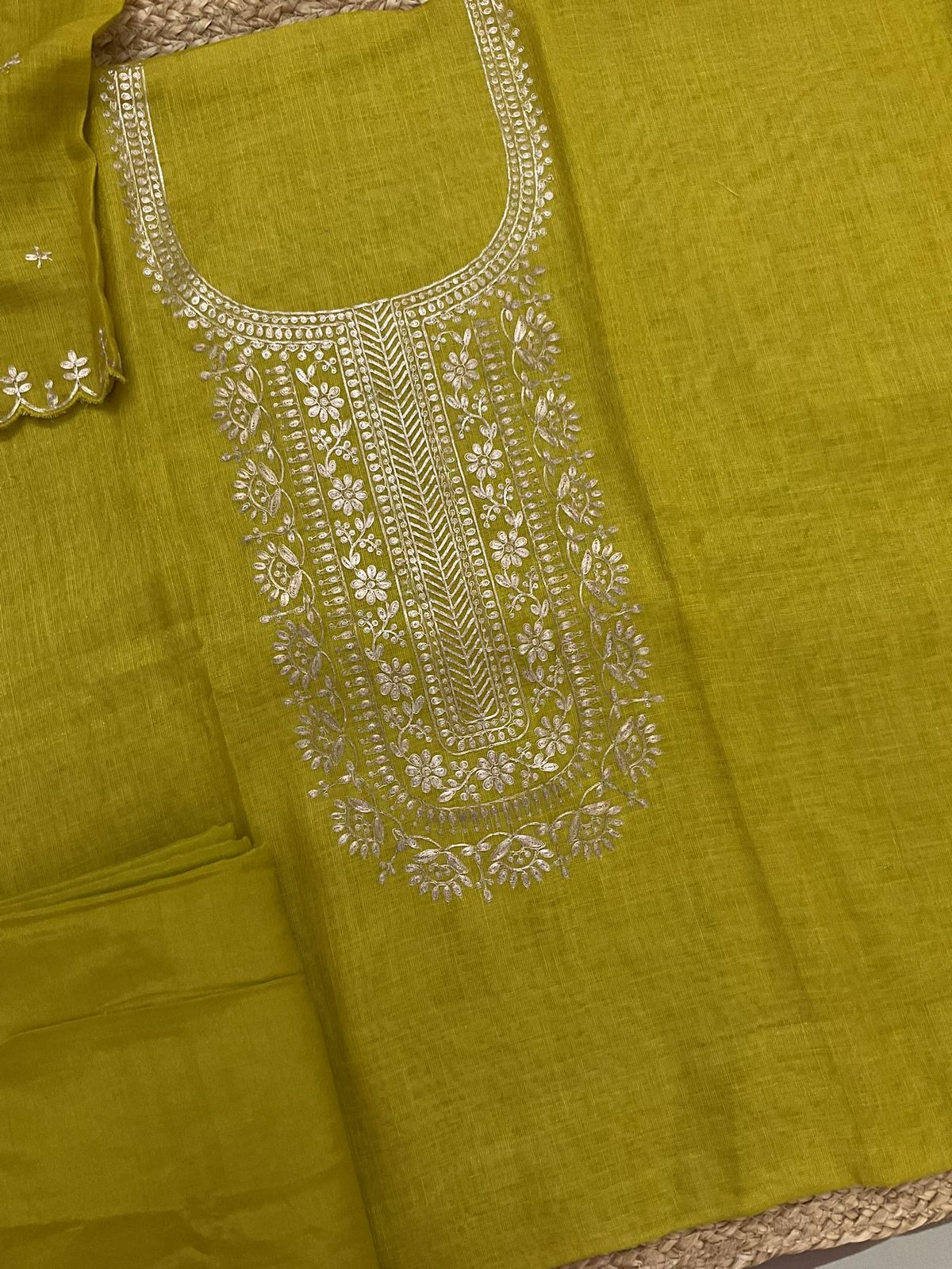 Soft Tissue Slub Cotton Embroidered Suit - Yellowish Green