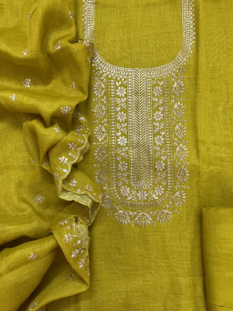 Image of Soft Tissue Slub Cotton Embroidered Suit - Yellowish Green