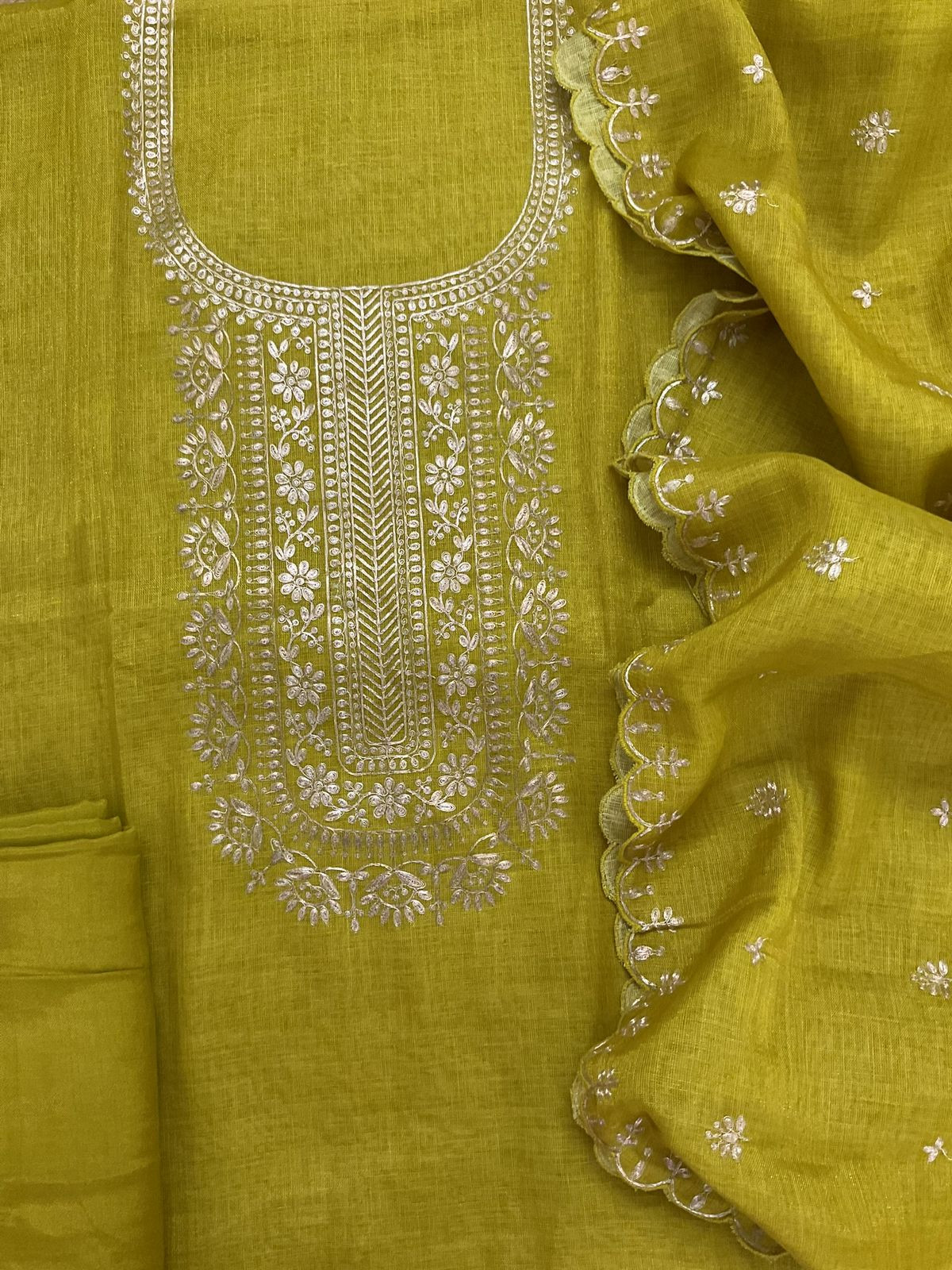 Soft Tissue Slub Cotton Embroidered Suit - Yellowish Green