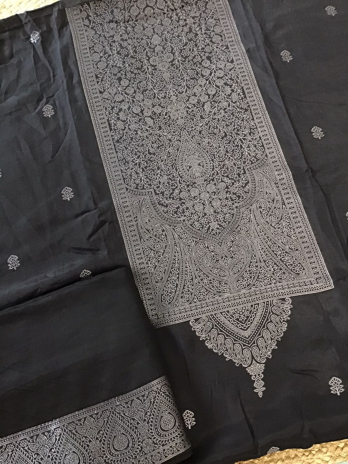 Pure Upada Silk Printed Banarasi Weaved Embroidered Suit - Black